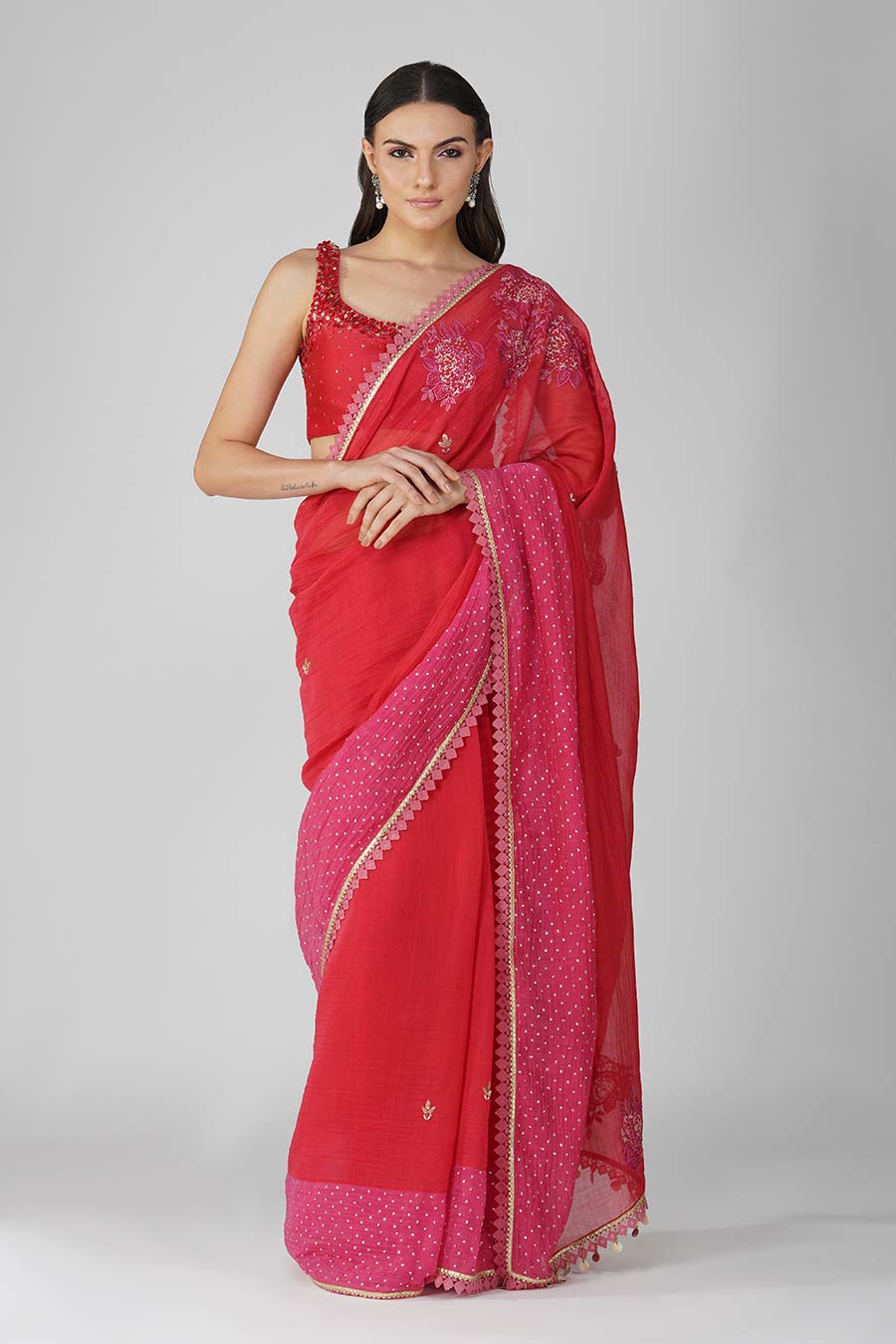 Red-Pink embroidered Saree Set