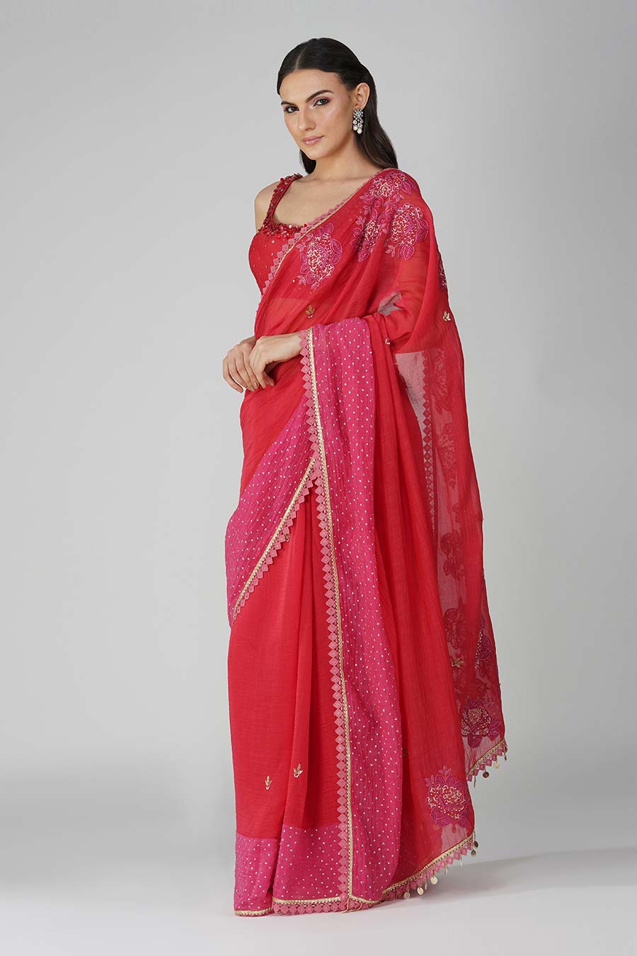 Red-Pink embroidered Saree Set
