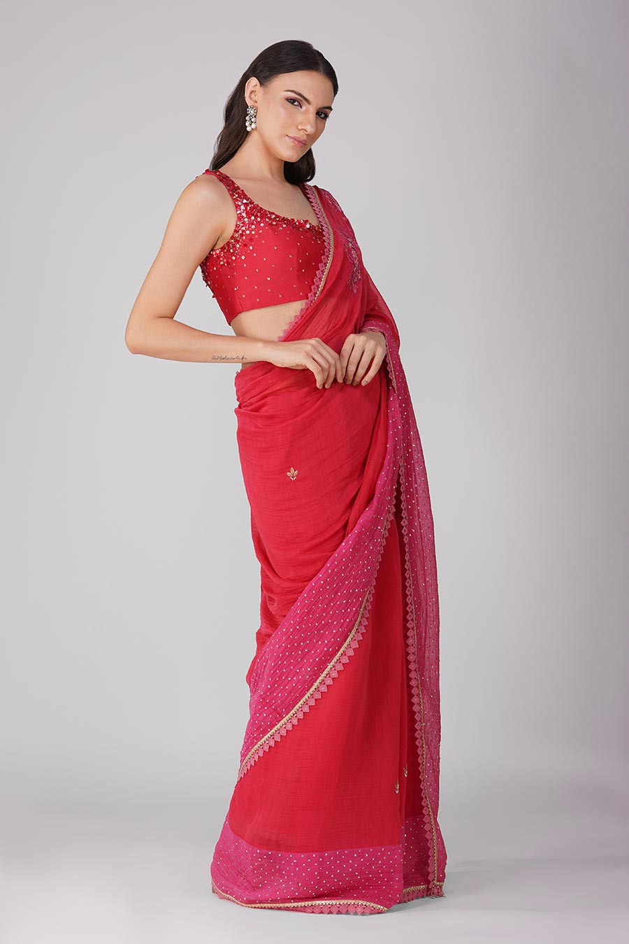 Red-Pink embroidered Saree Set