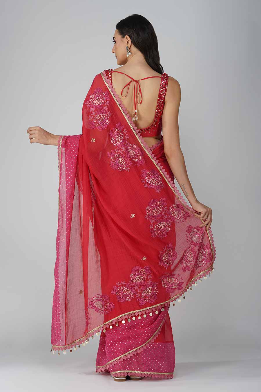 Red-Pink embroidered Saree Set