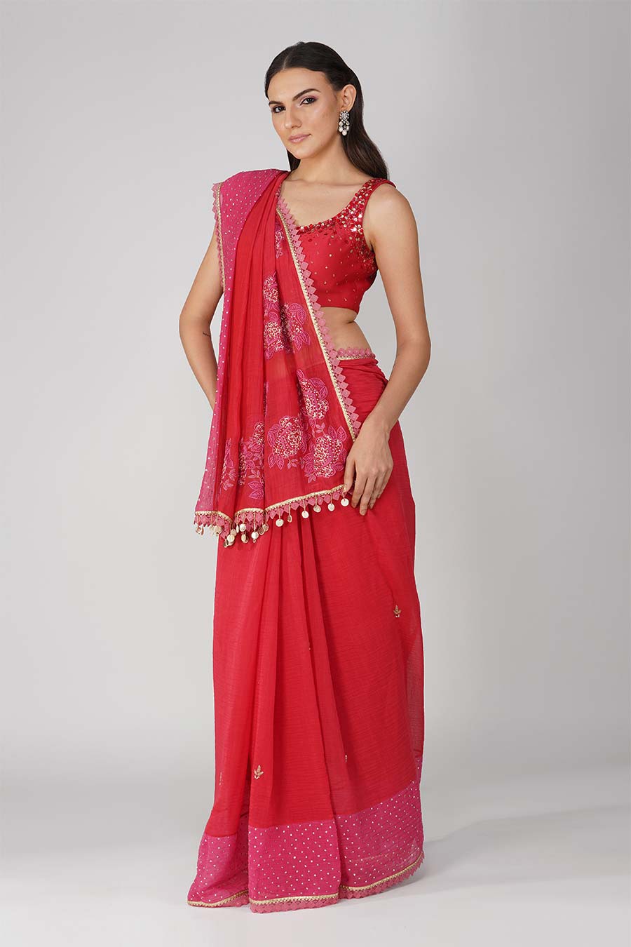 Red-Pink embroidered Saree Set