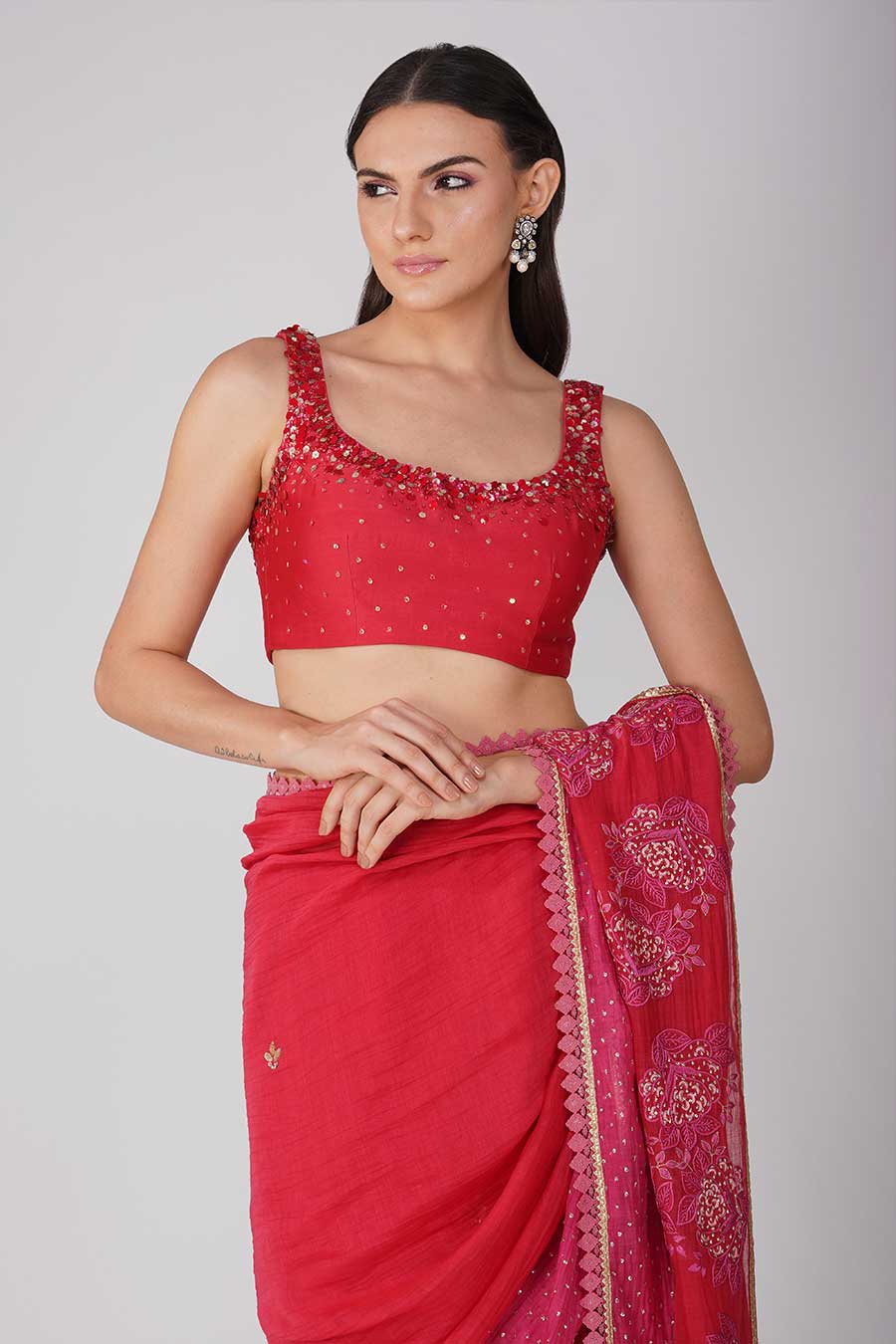 Red-Pink embroidered Saree Set