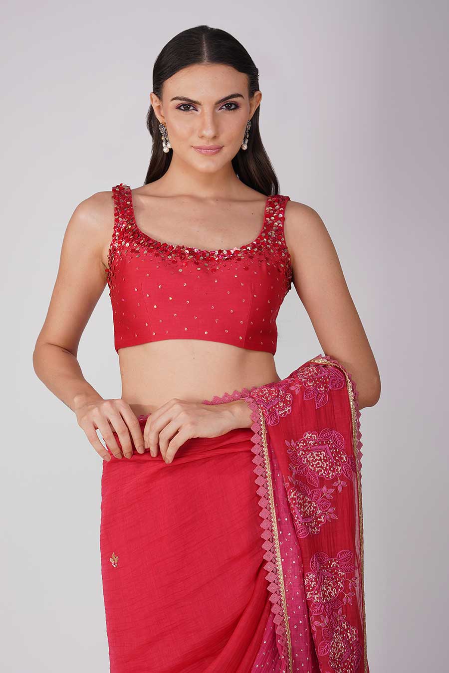 Red-Pink embroidered Saree Set