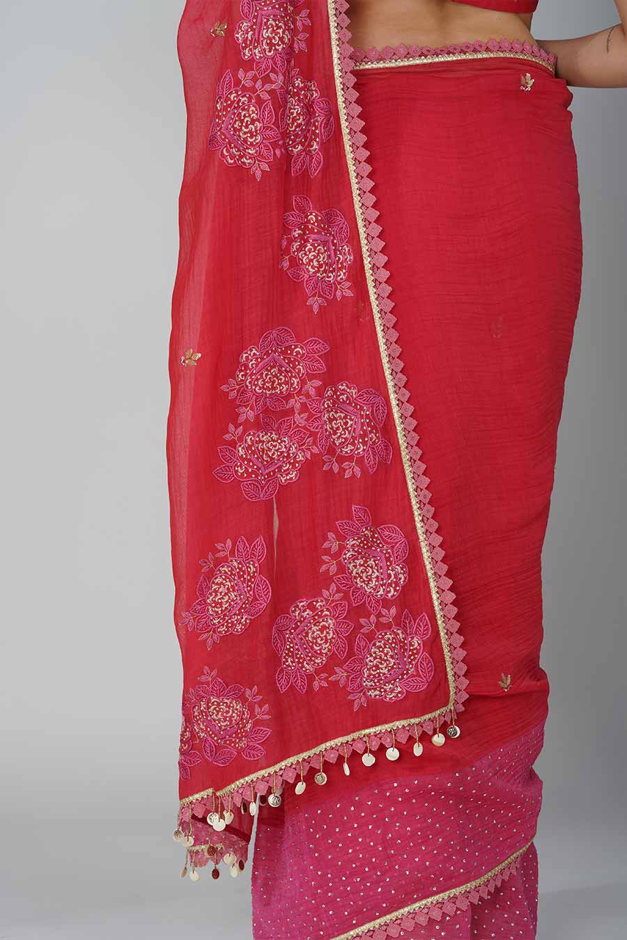 Red-Pink embroidered Saree Set