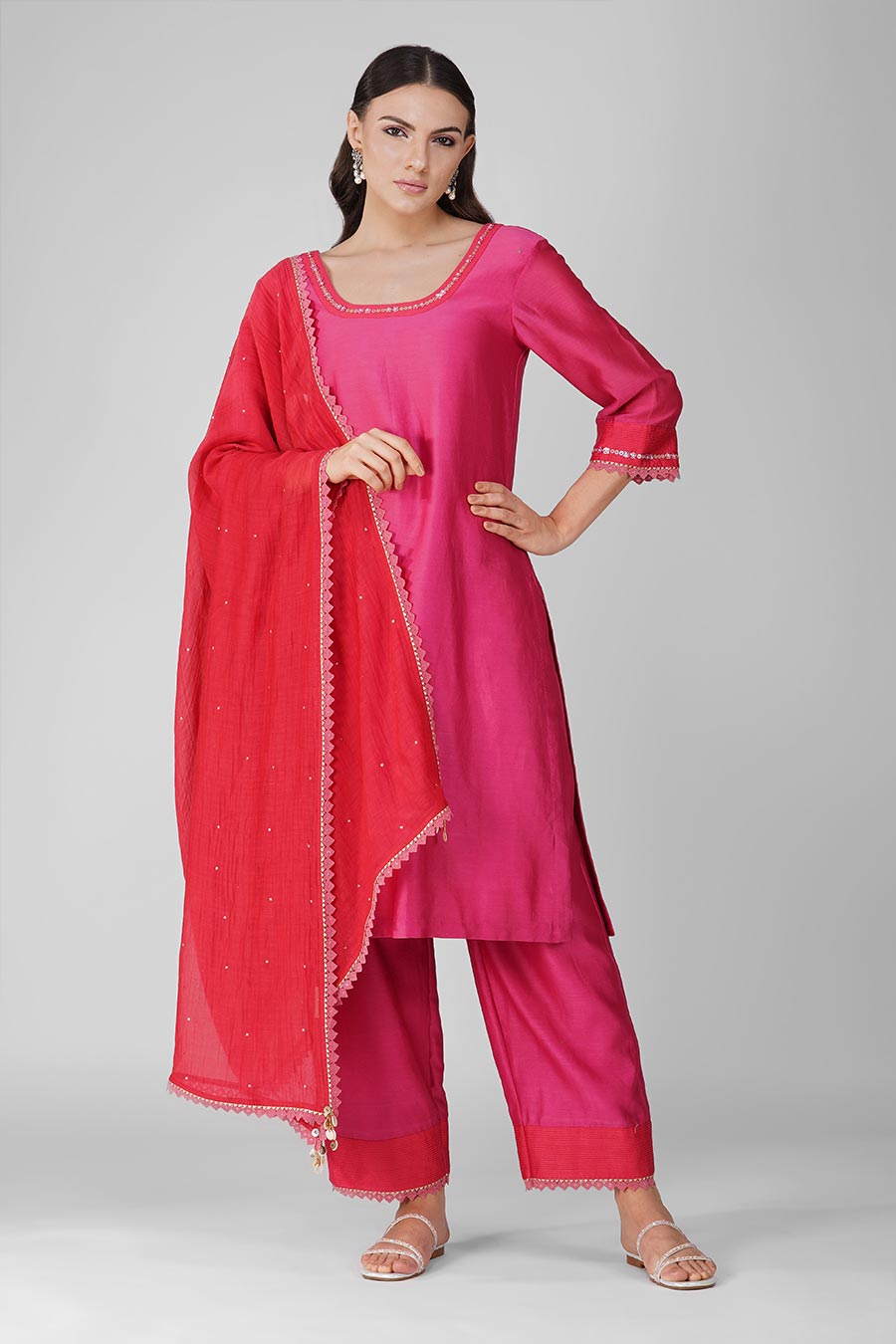 Pink-Red Flower Kurta Set