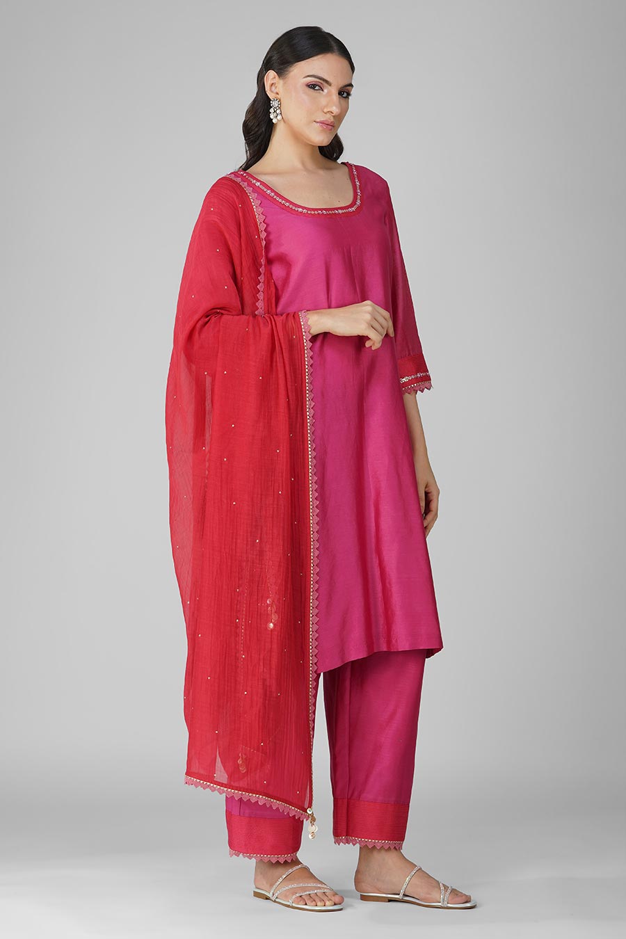 Pink-Red Flower Kurta Set