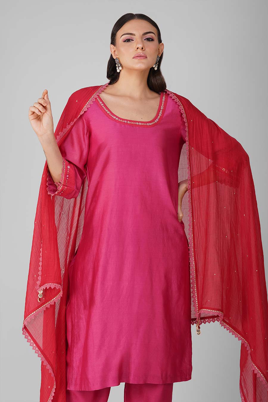 Pink-Red Flower Kurta Set