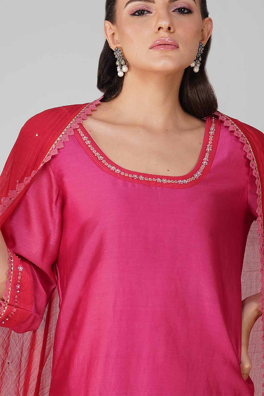 Pink-Red Flower Kurta Set