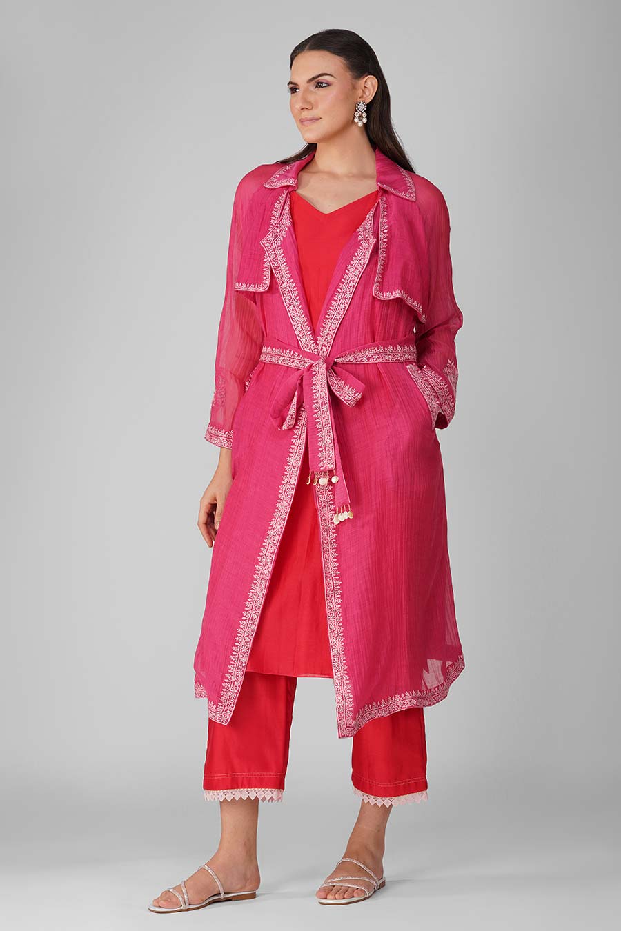 Pink Flower Border Summer Trench Set