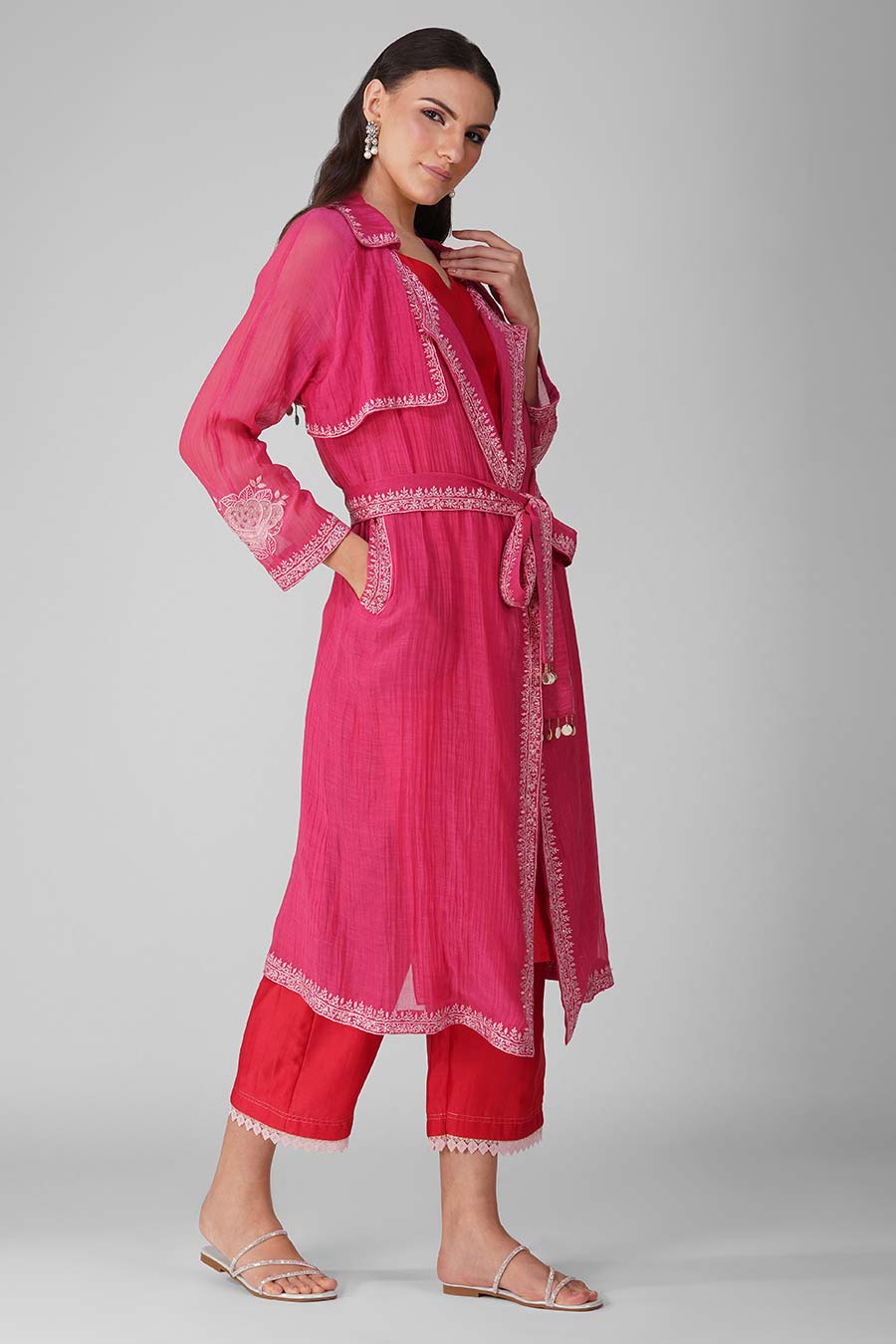 Pink Flower Border Summer Trench Set