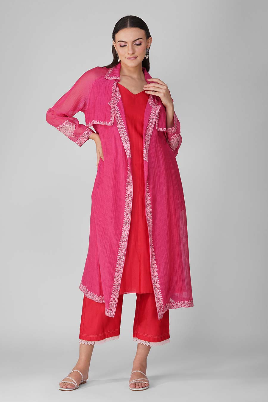 Pink Flower Border Summer Trench Set