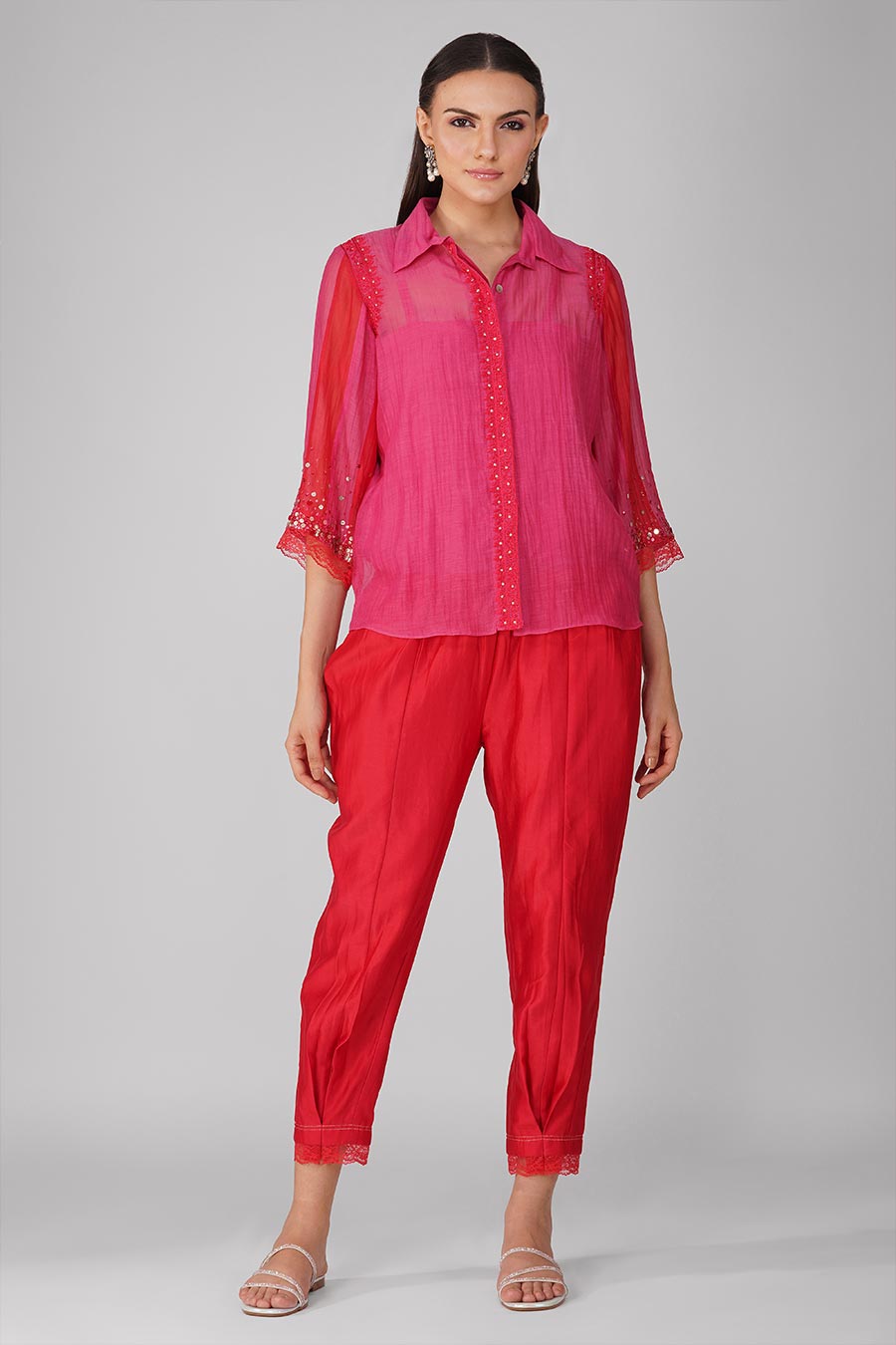 Red-Pink Embroidered Shirt Set