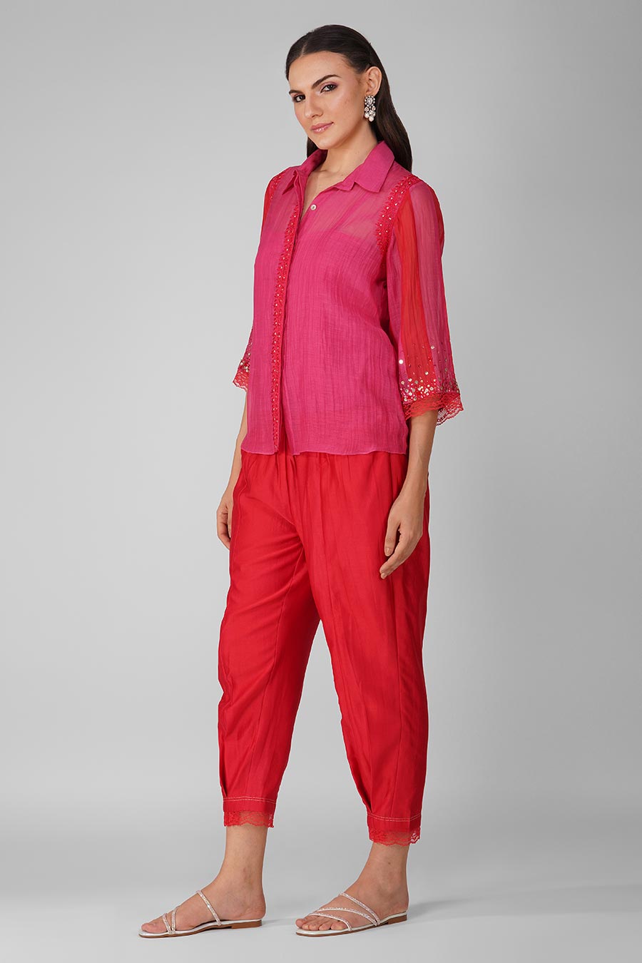 Red-Pink Embroidered Shirt Set