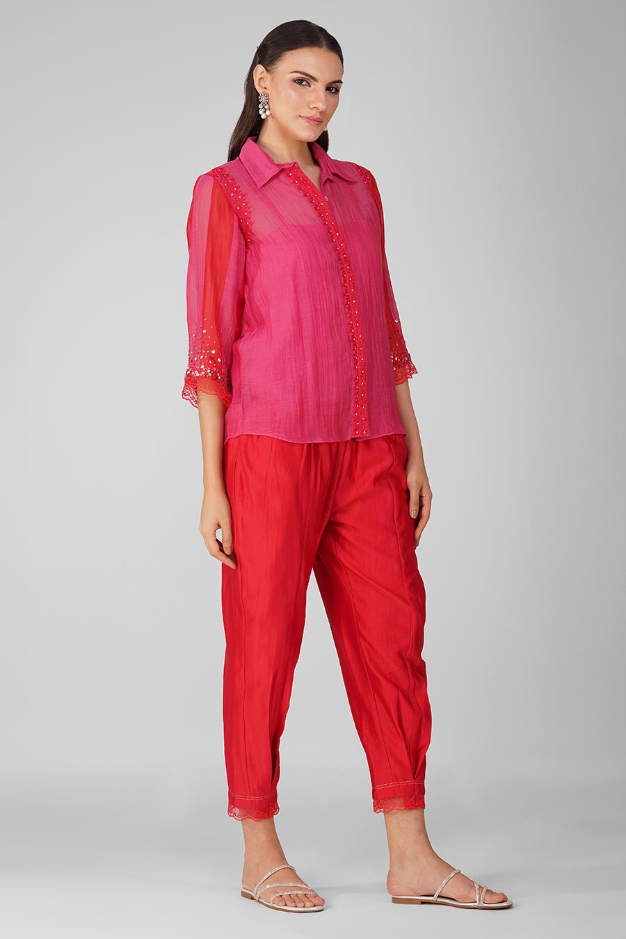 Red-Pink Embroidered Shirt Set