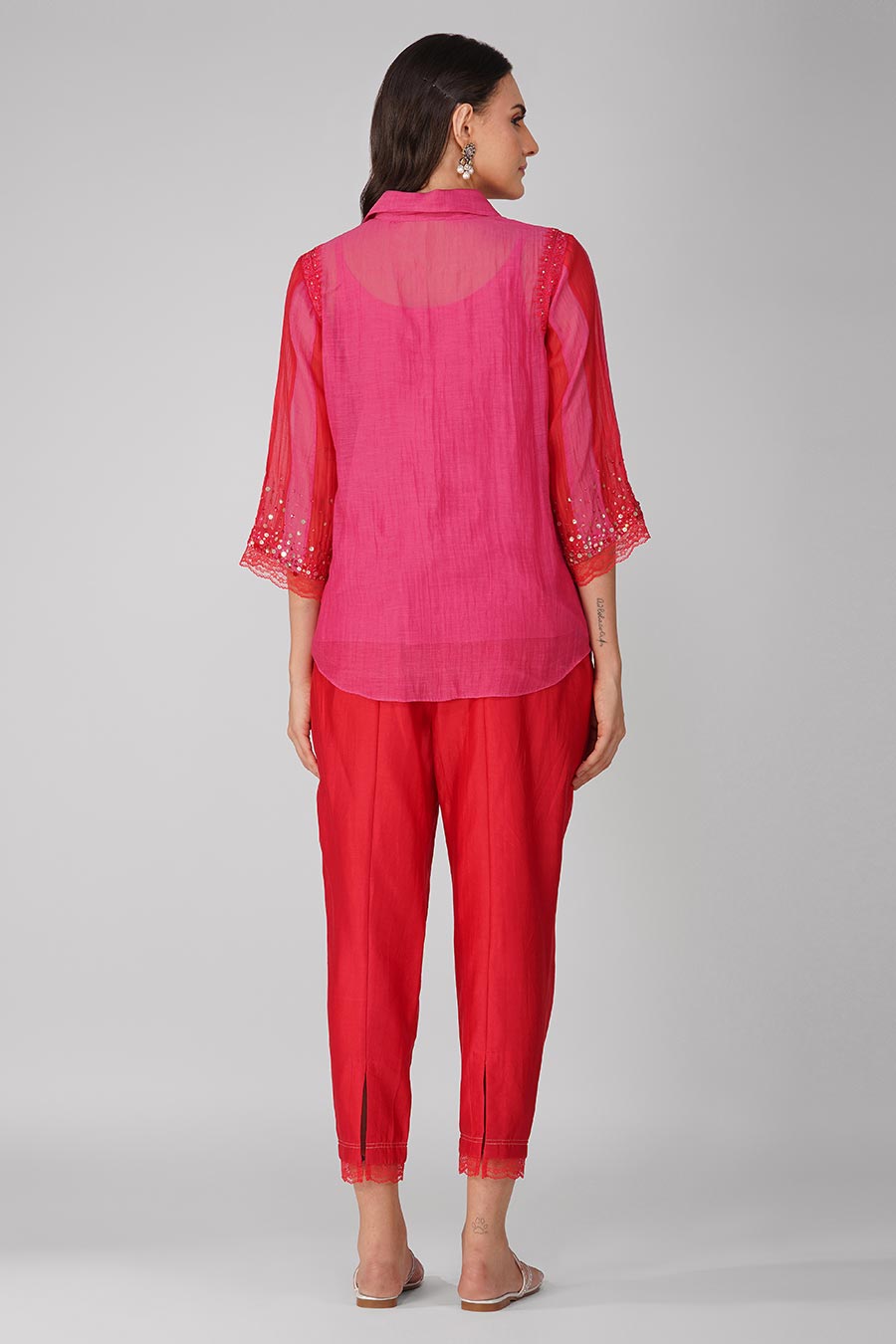 Red-Pink Embroidered Shirt Set