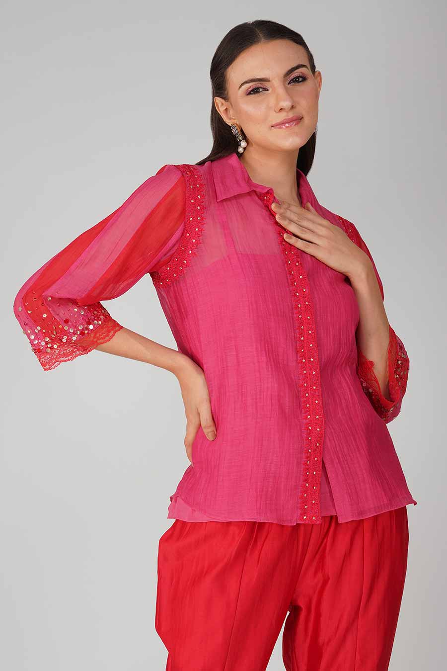 Red-Pink Embroidered Shirt Set