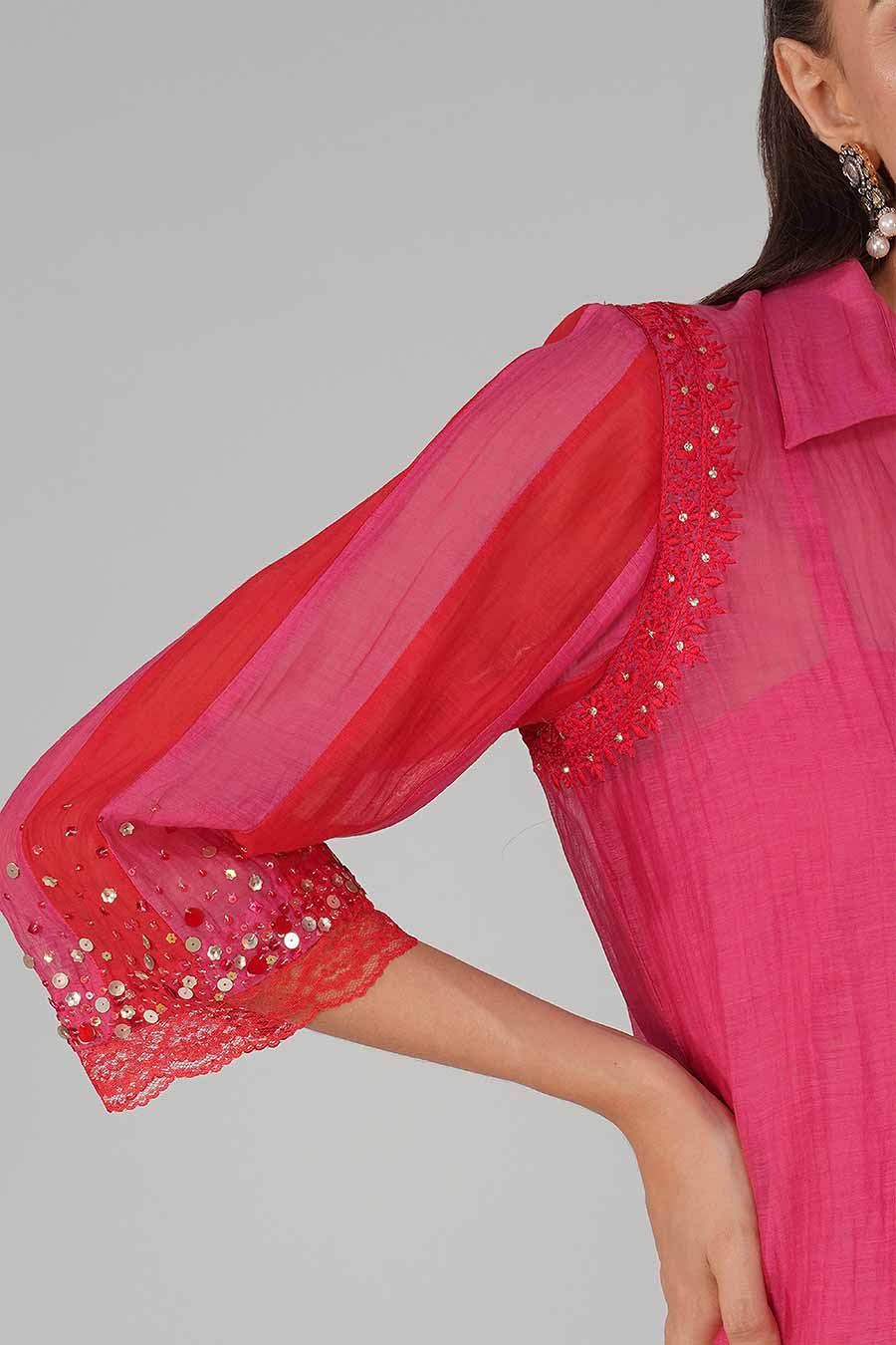 Red-Pink Embroidered Shirt Set