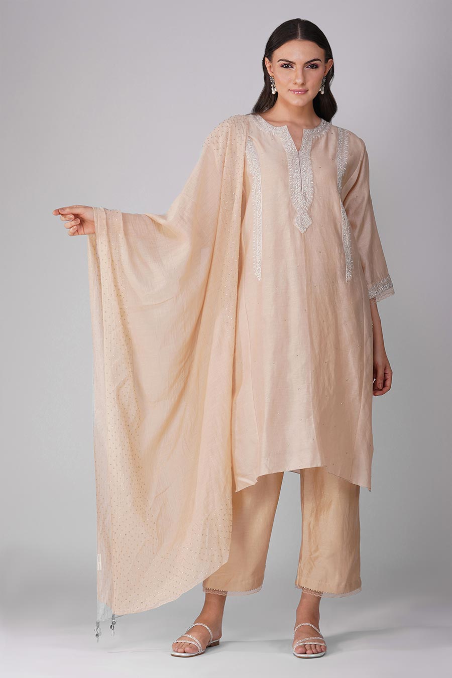 Beige Embroidered Kalidar Kurta Set