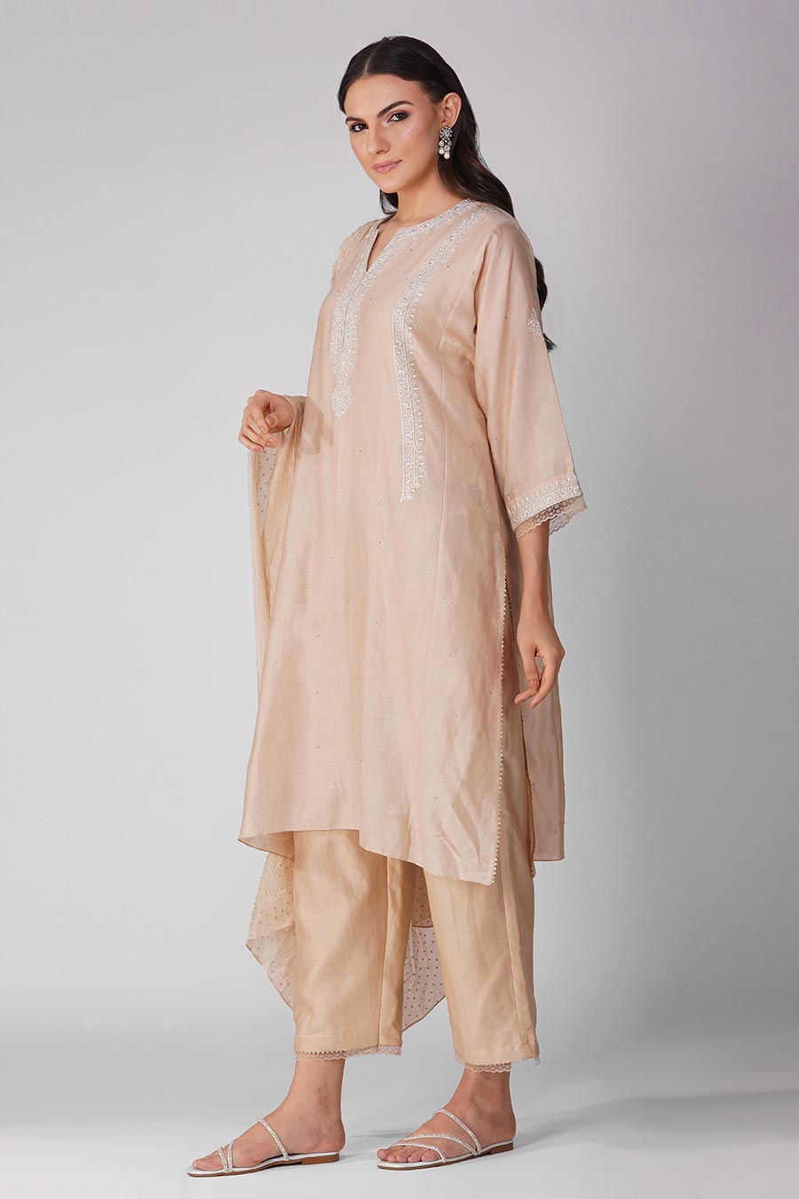 Beige Embroidered Kalidar Kurta Set