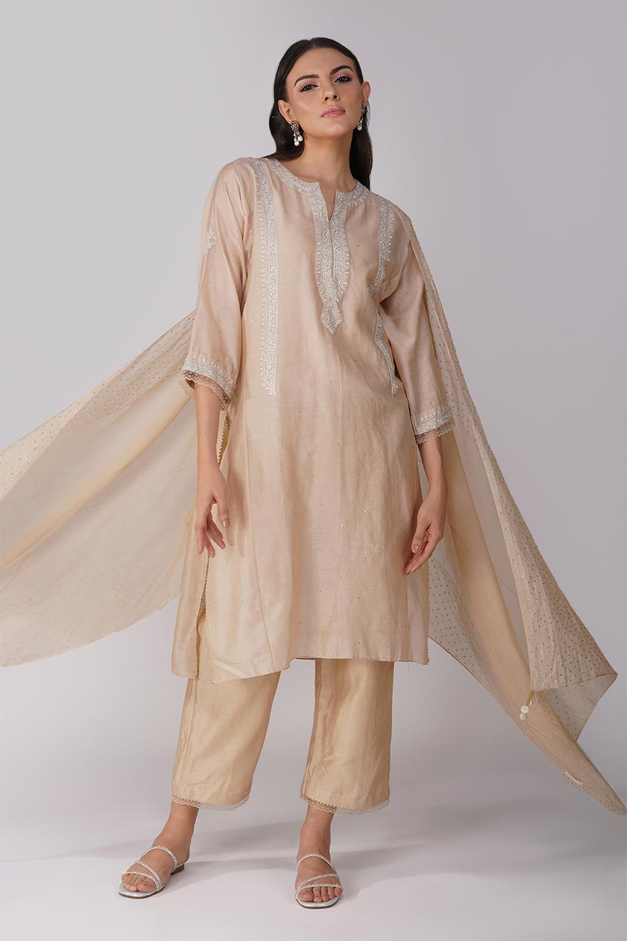 Beige Embroidered Kalidar Kurta Set