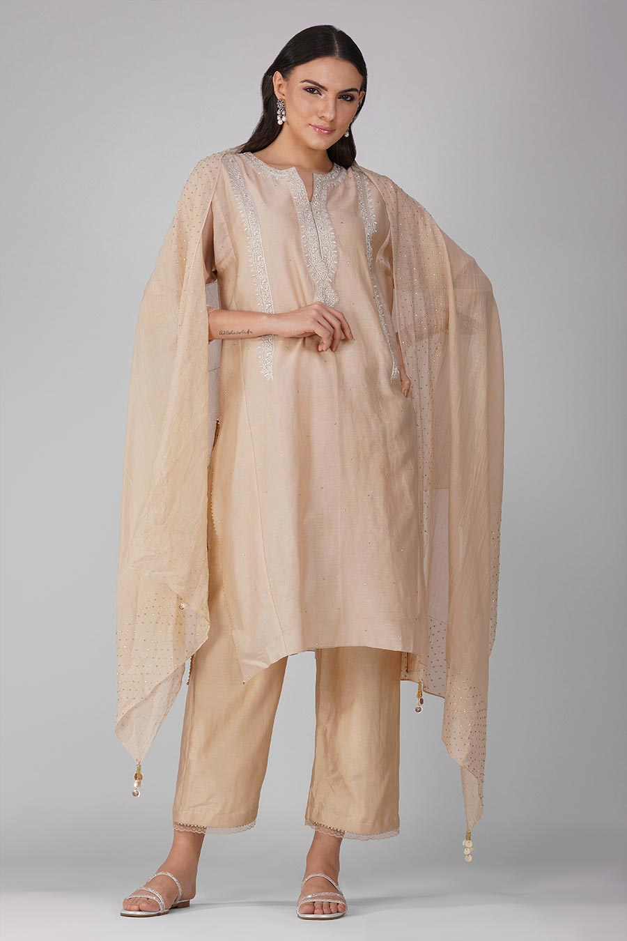 Beige Embroidered Kalidar Kurta Set