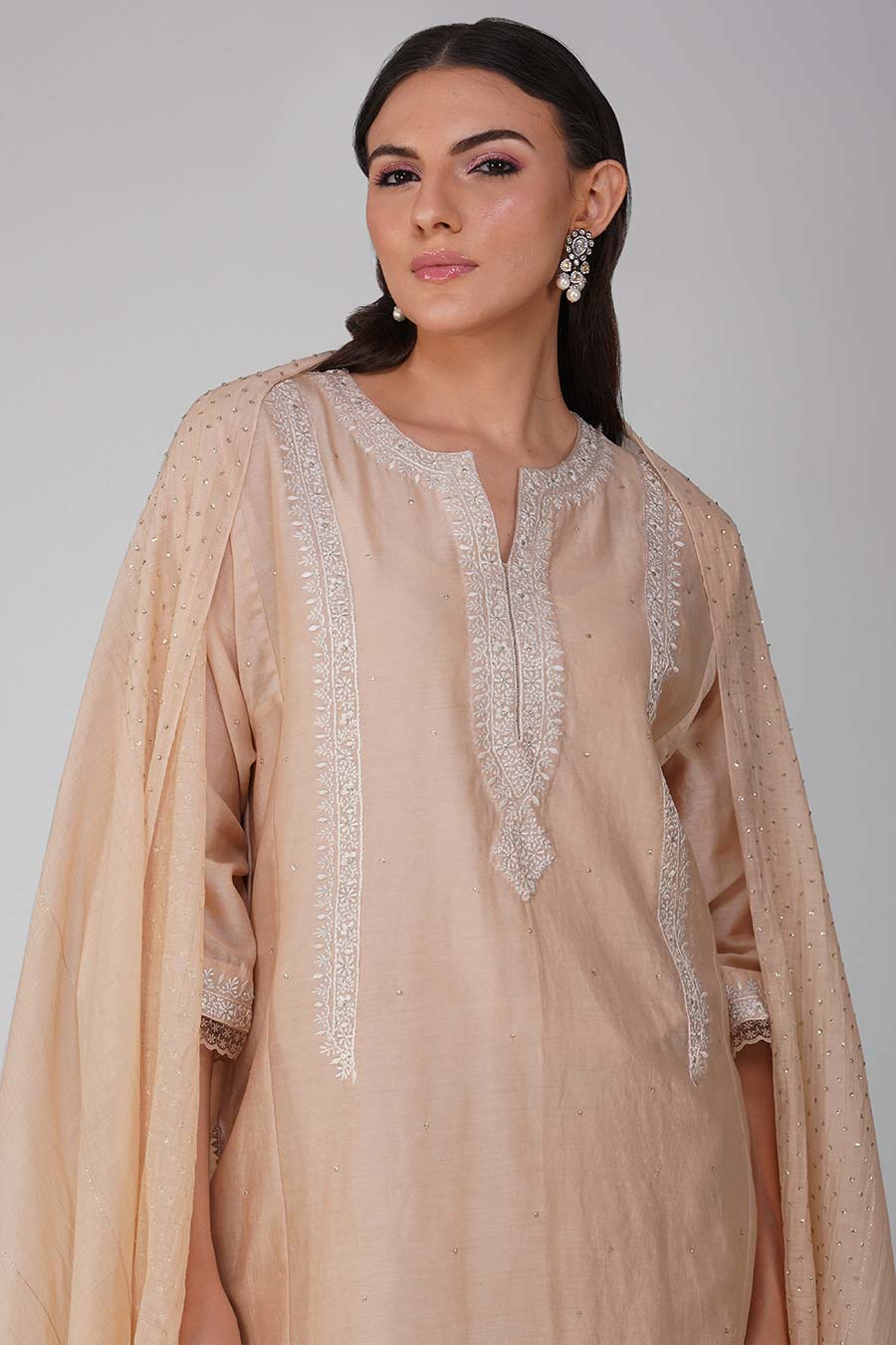 Beige Embroidered Kalidar Kurta Set