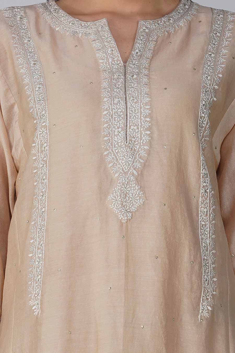 Beige Embroidered Kalidar Kurta Set