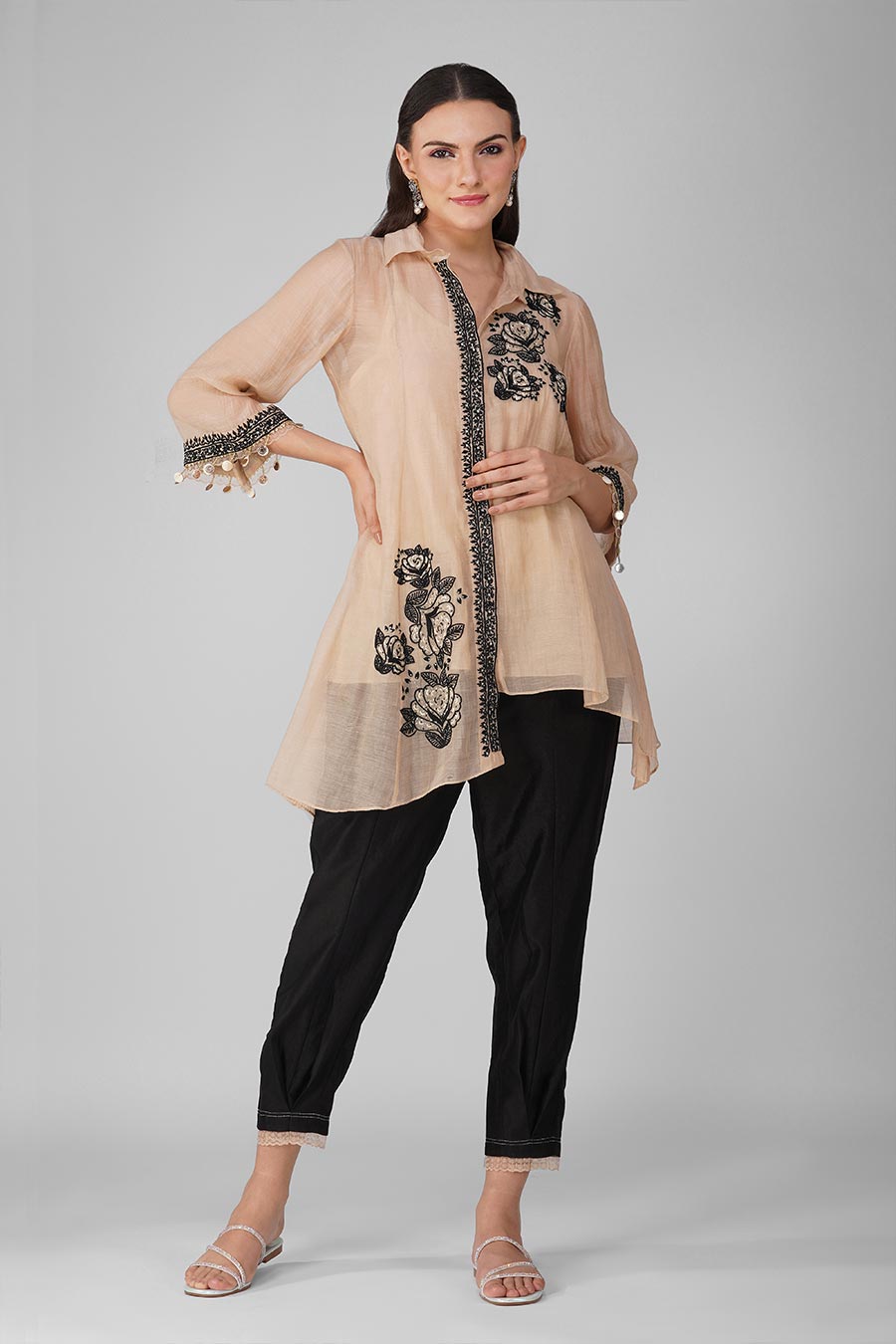 Beige-Black Embroidered Asymmetric Shirt Set