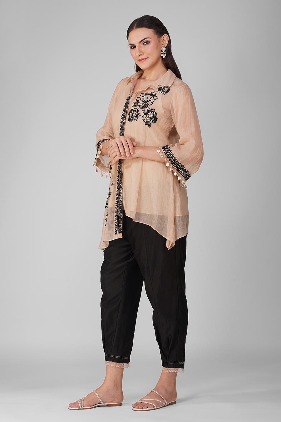 Beige-Black Embroidered Asymmetric Shirt Set