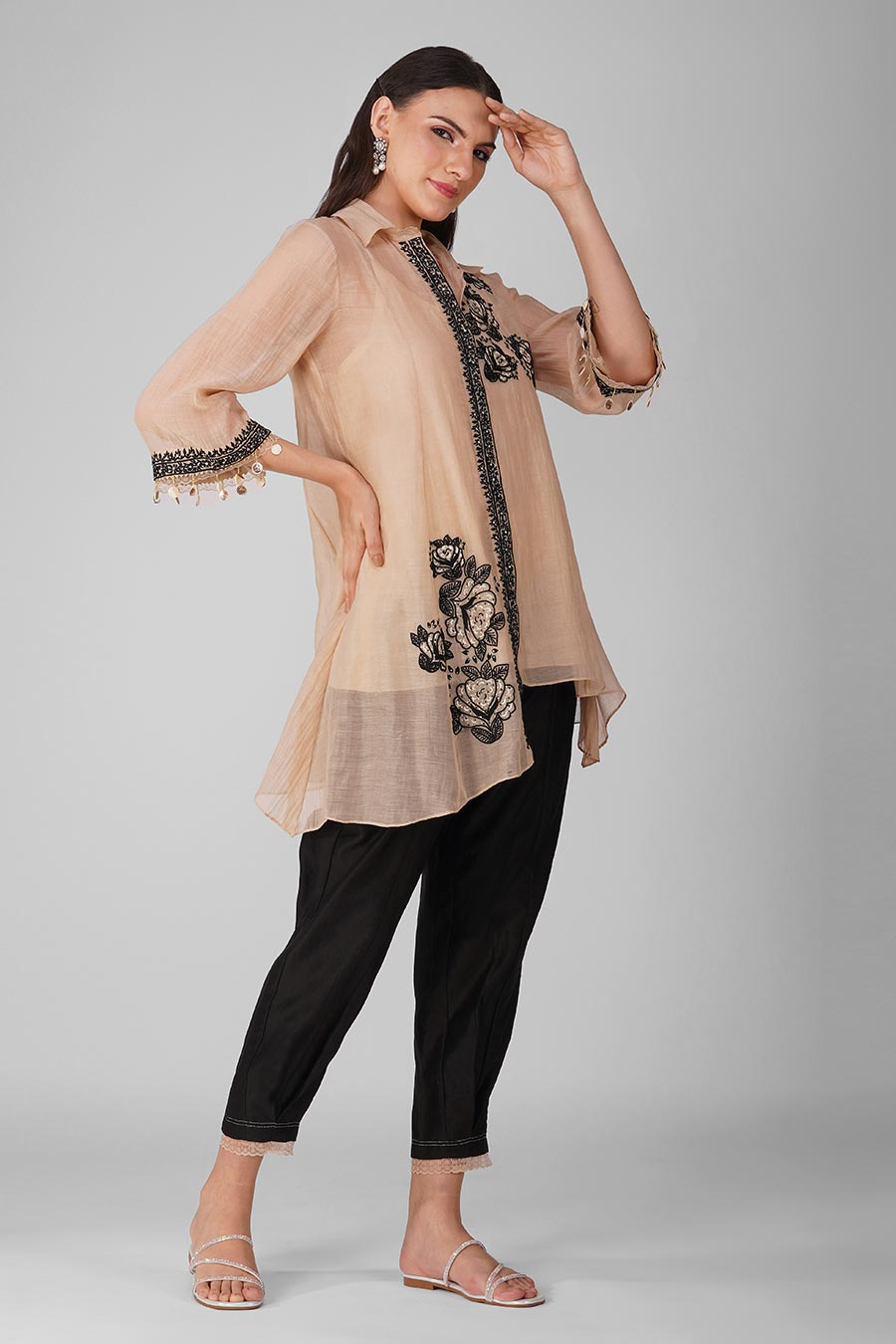 Beige-Black Embroidered Asymmetric Shirt Set