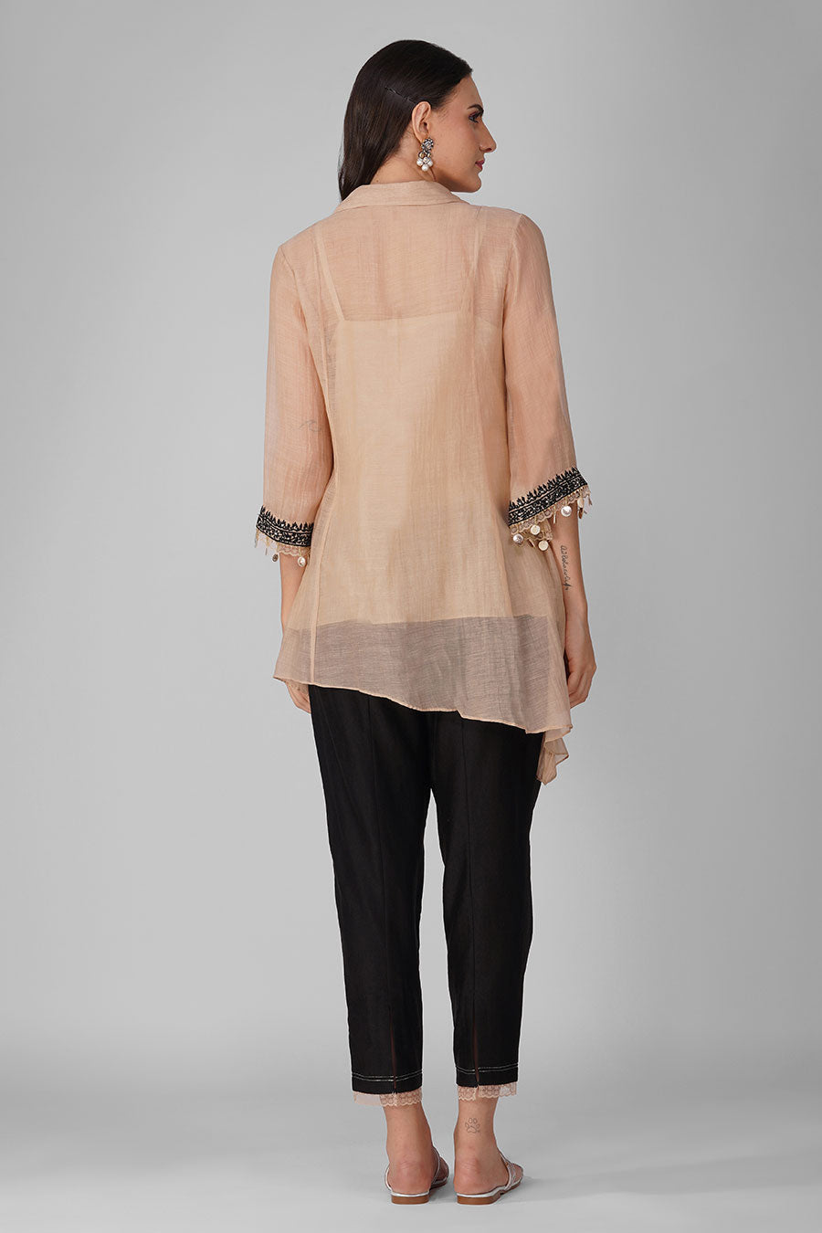 Beige-Black Embroidered Asymmetric Shirt Set