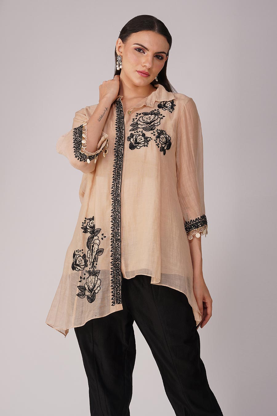 Beige-Black Embroidered Asymmetric Shirt Set