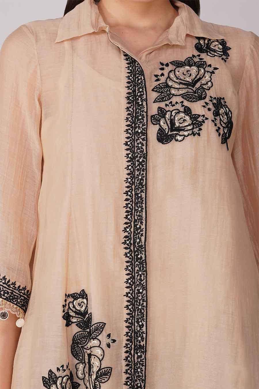 Beige-Black Embroidered Asymmetric Shirt Set