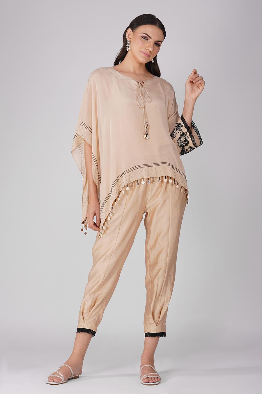 Beige Embroidered Asymmetric Cape Set