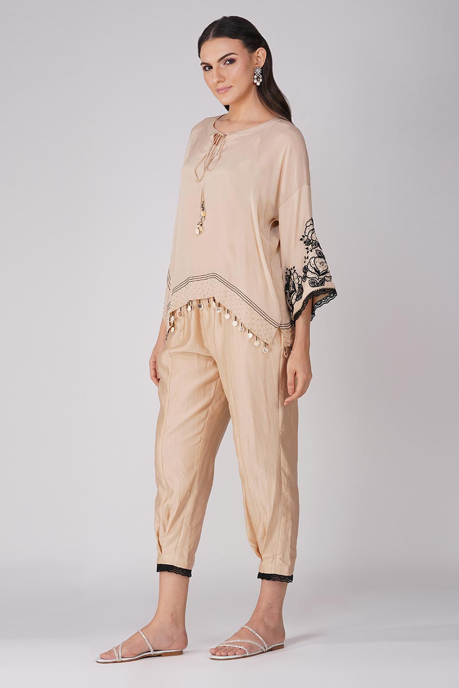 Beige Embroidered Asymmetric Cape Set