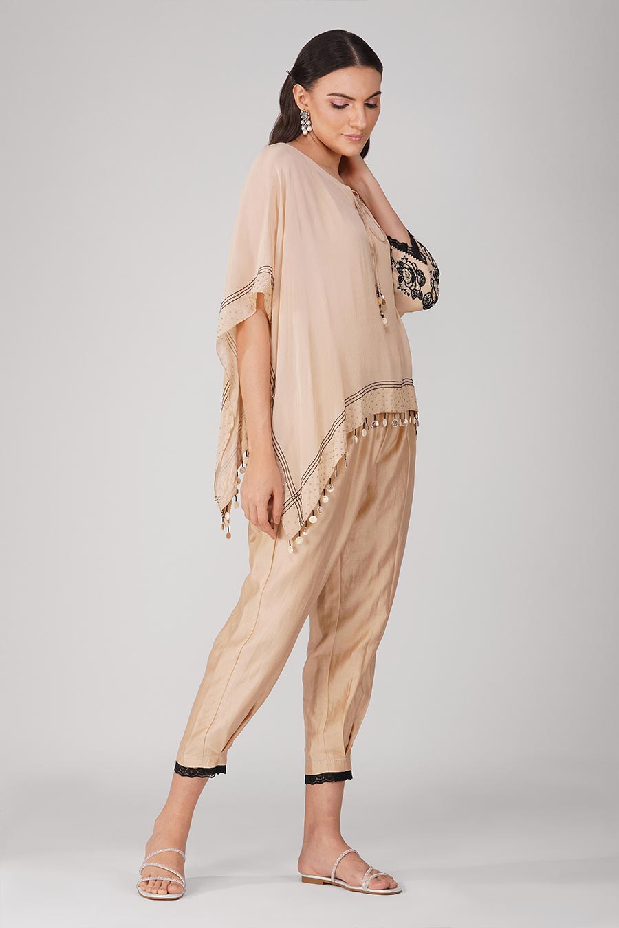 Beige Embroidered Asymmetric Cape Set