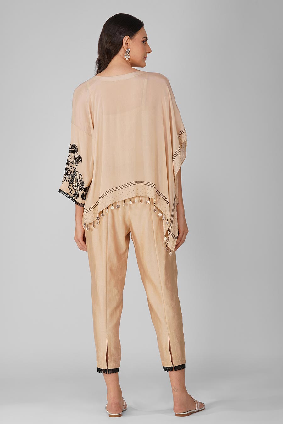 Beige Embroidered Asymmetric Cape Set