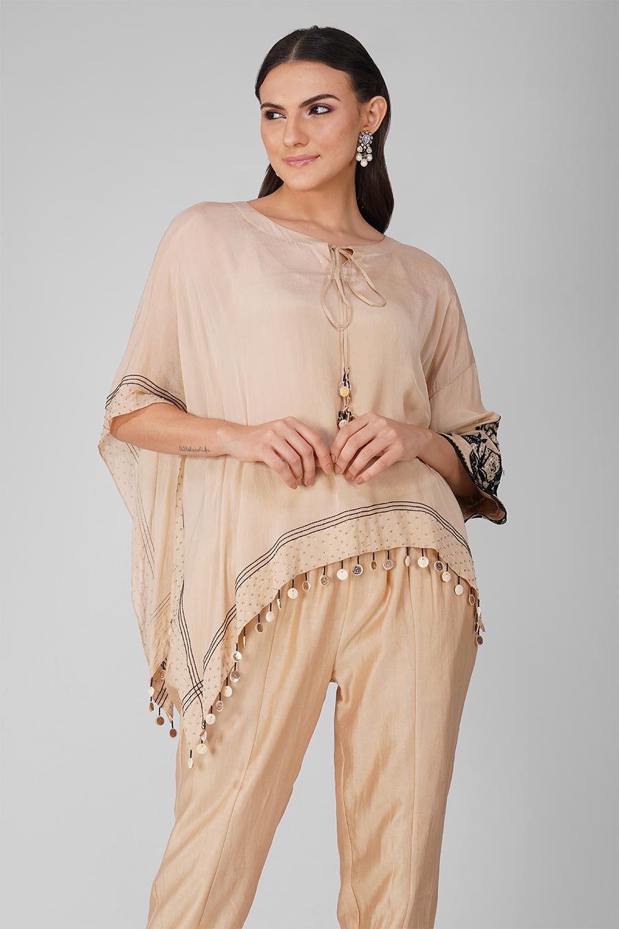 Beige Embroidered Asymmetric Cape Set