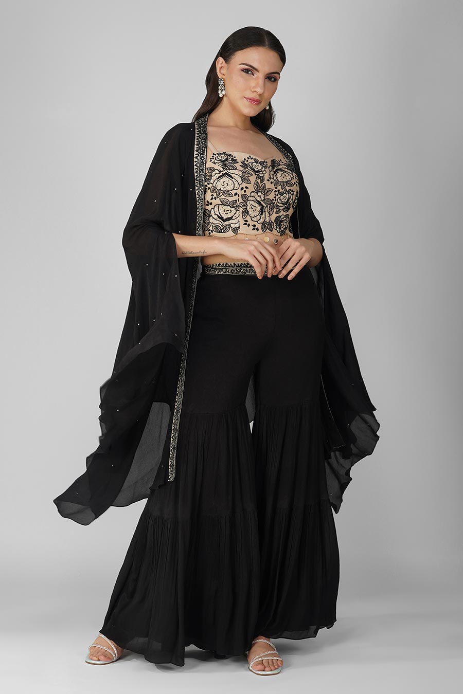 Black Embroidered Cape And Gharara Set