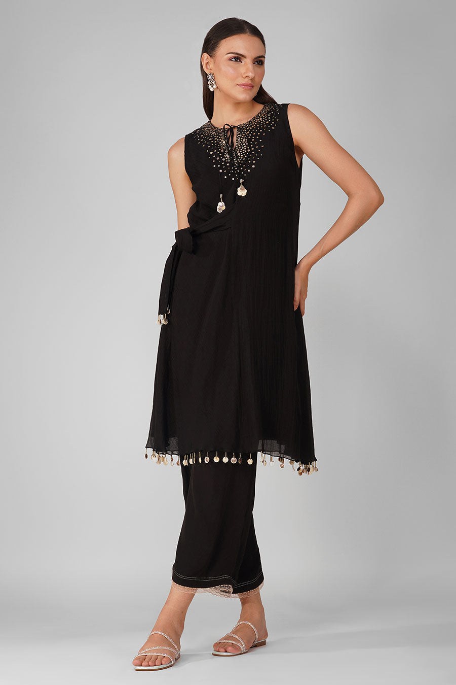 Black Chanderi Embellished Tie-up Tunic Set