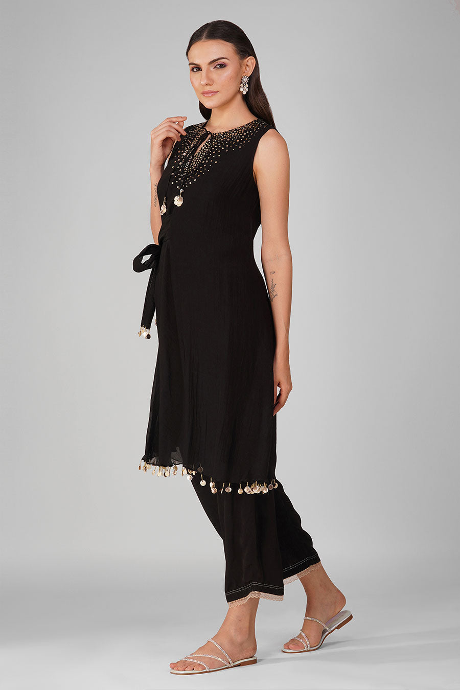 Black Chanderi Embellished Tie-up Tunic Set