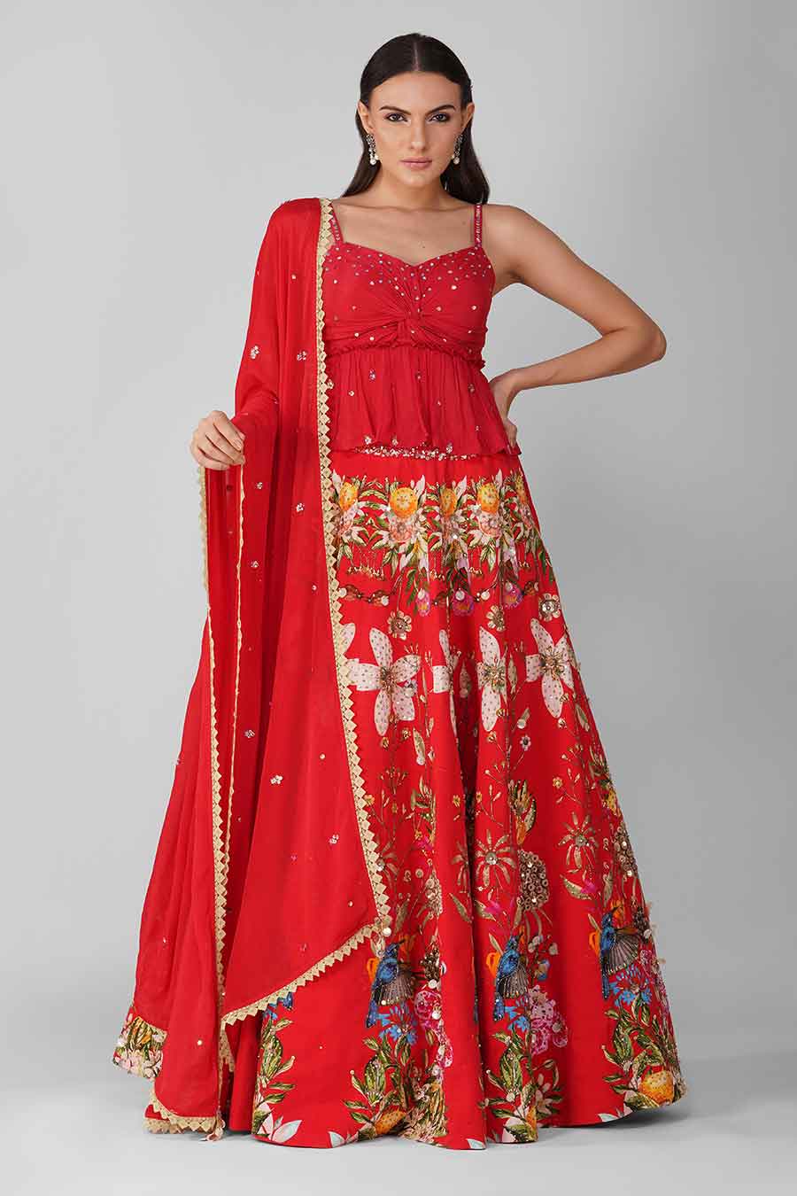 Red Printed Embroidered Lehenga Set