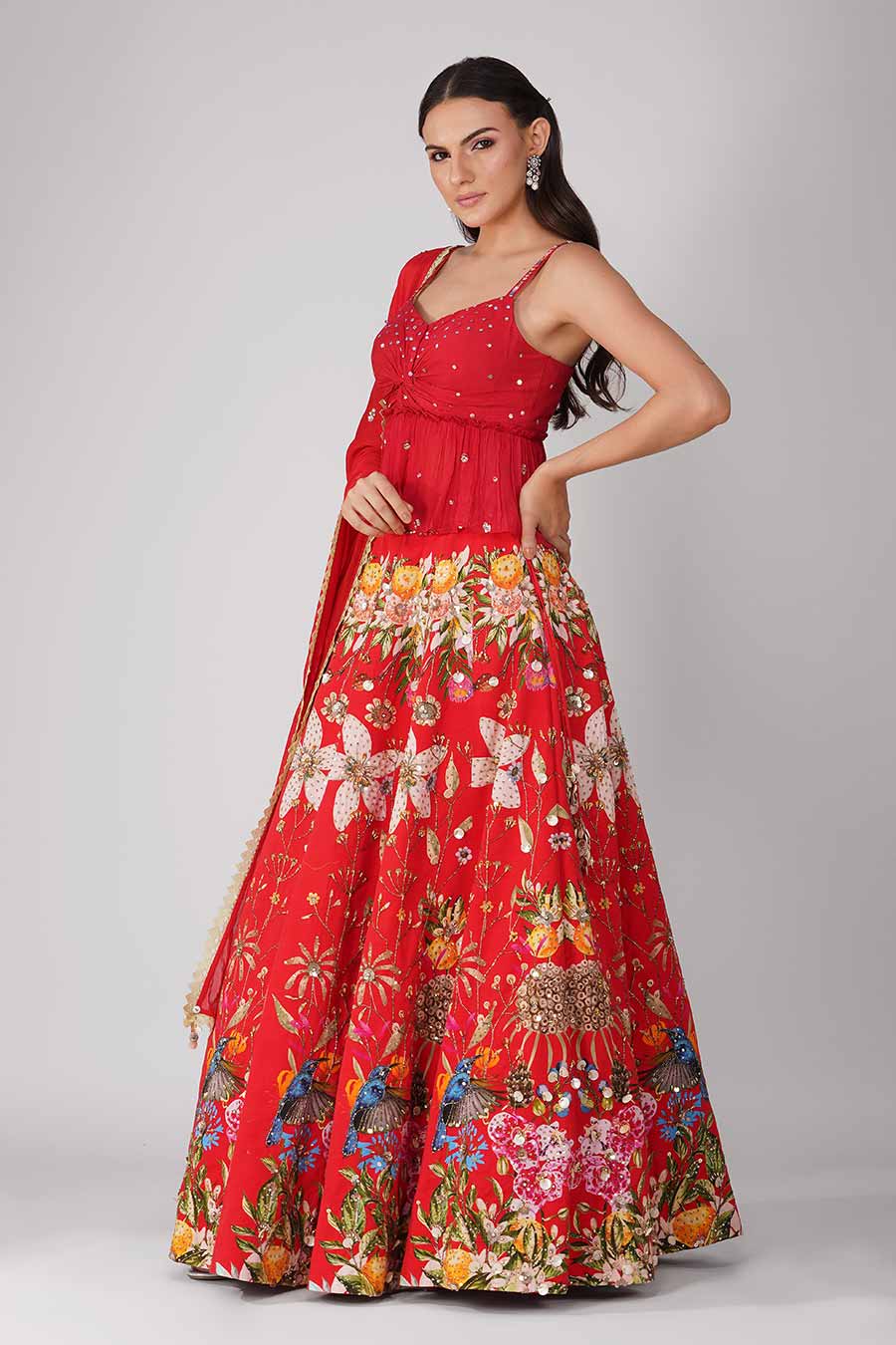 Red Printed Embroidered Lehenga Set