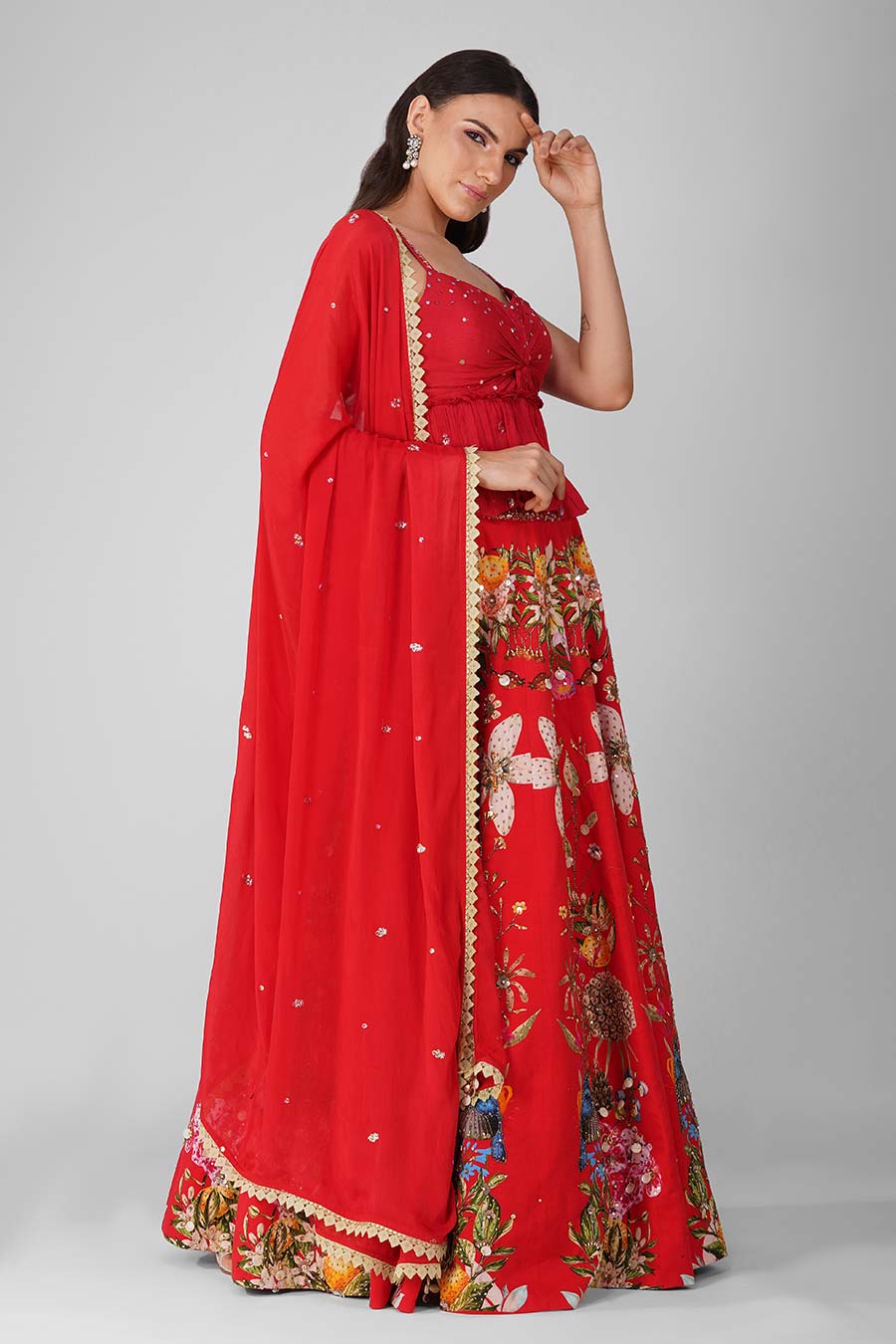 Red Printed Embroidered Lehenga Set