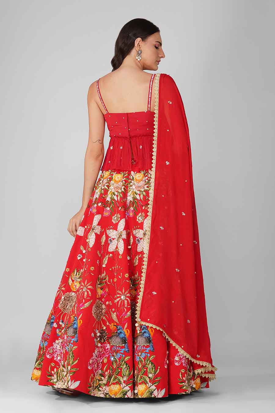 Red Printed Embroidered Lehenga Set