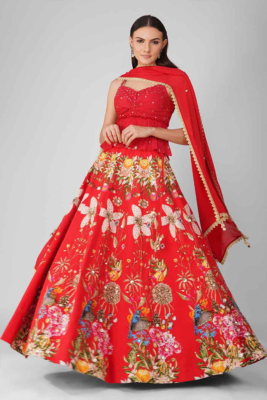 Red Printed Embroidered Lehenga Set