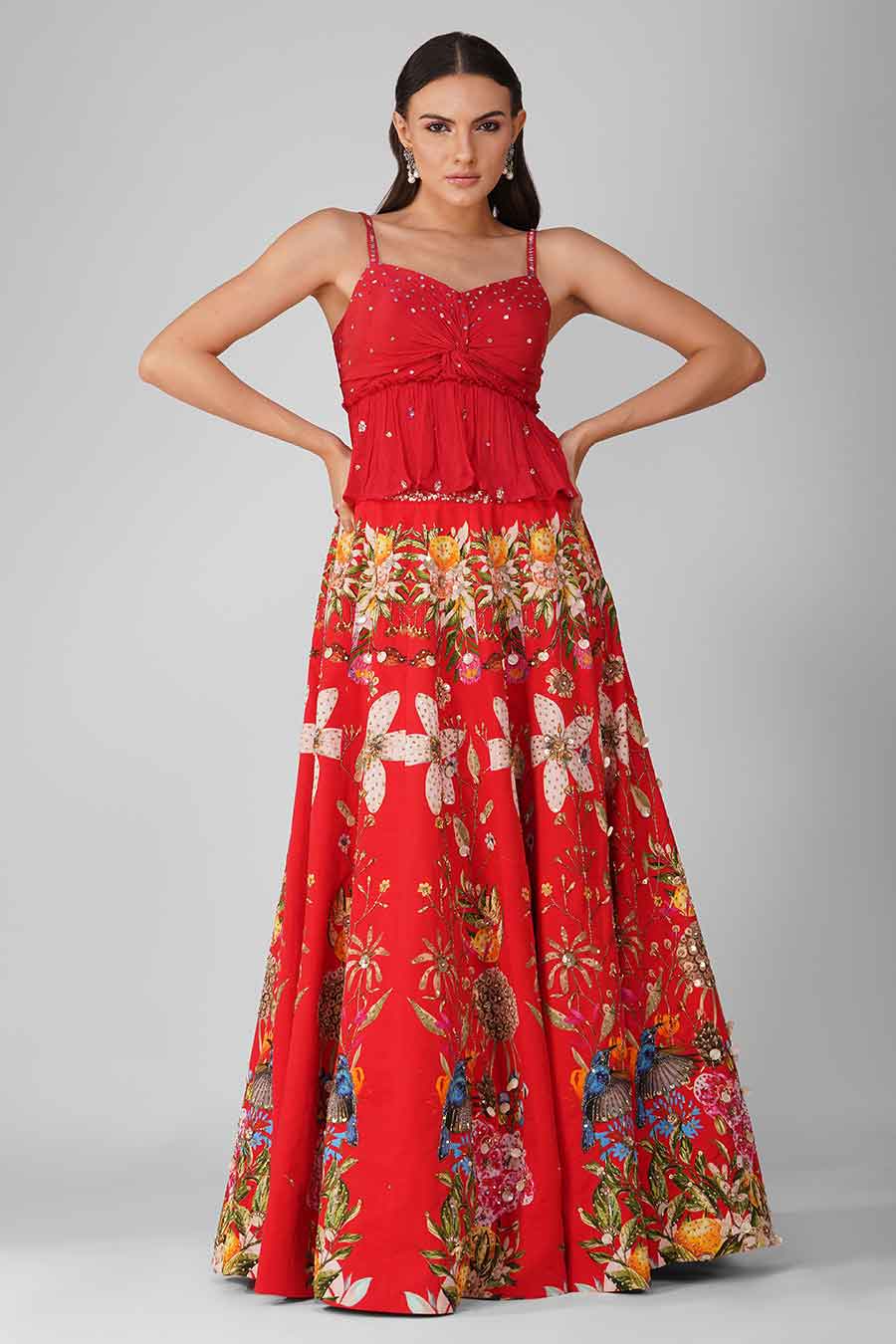 Red Printed Embroidered Lehenga Set