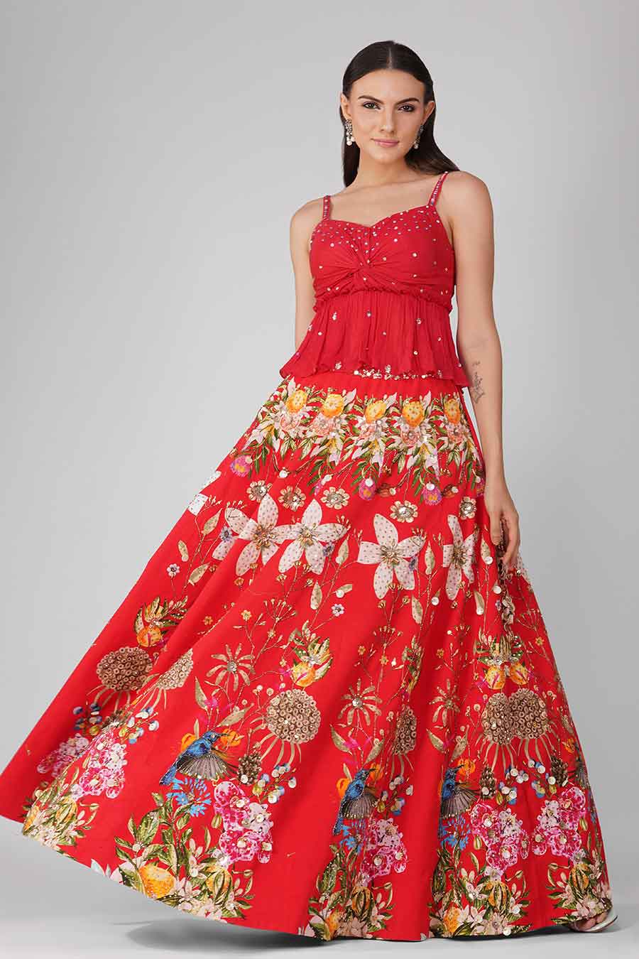 Red Printed Embroidered Lehenga Set