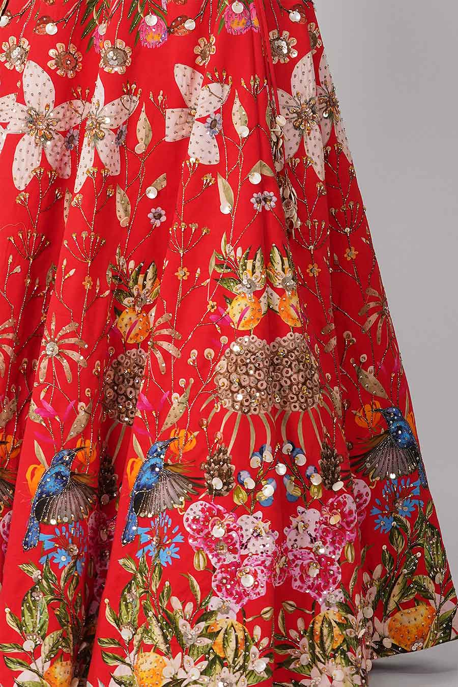 Red Printed Embroidered Lehenga Set