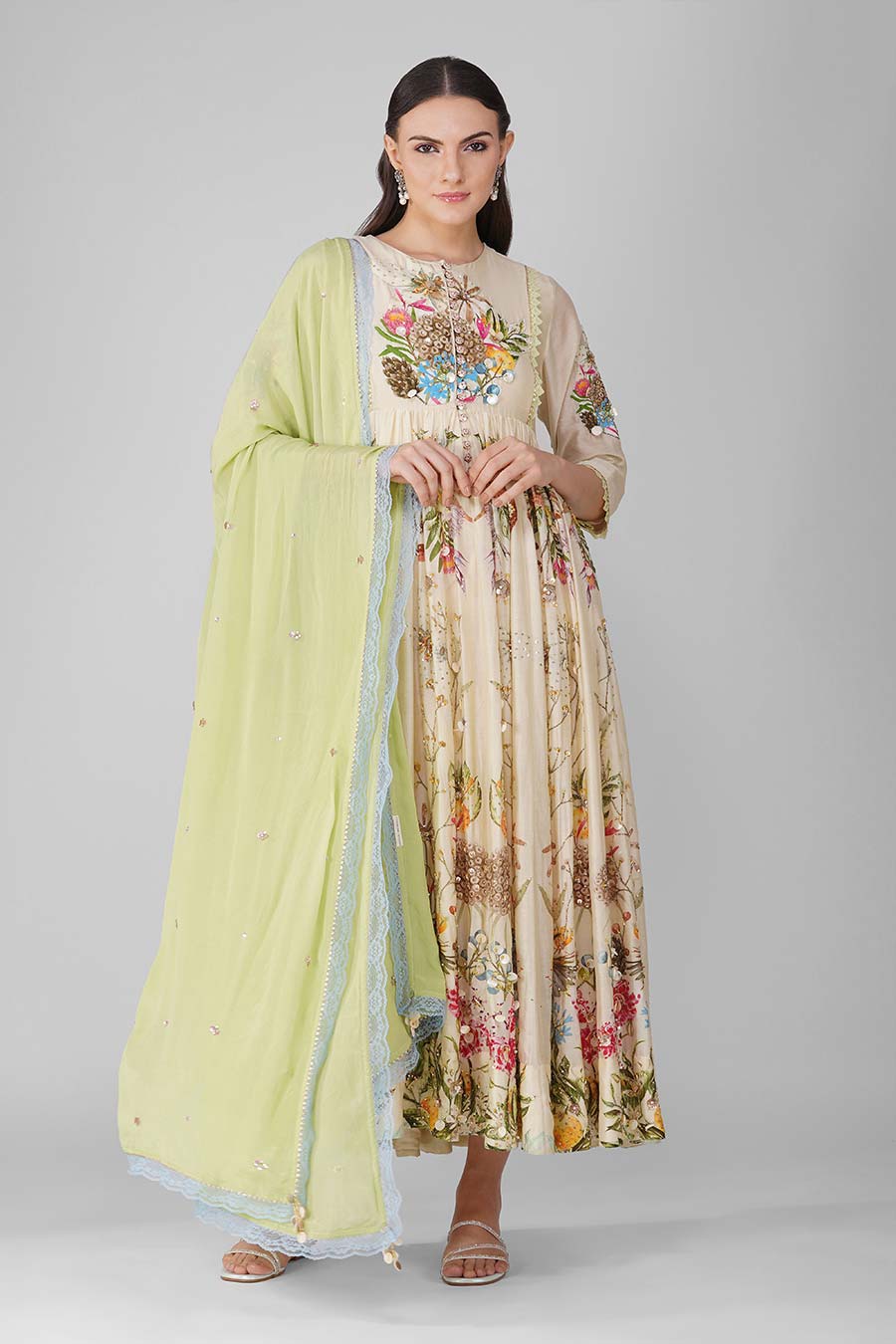 Beige Printed Embroidered Anarkali Set